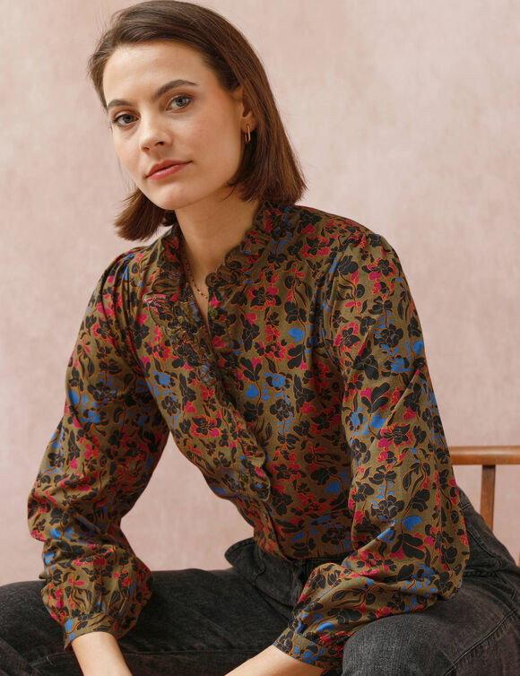 Chemisier col volanté, imprimé fleurs (vert olive) Chemisier col volanté, imprimé fleurs (vert olive)